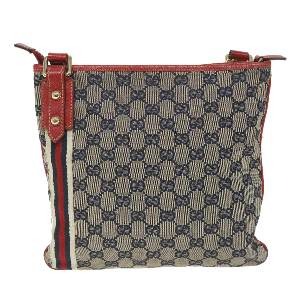 GUCCI GG Canvas Sherry Line Shoulder Bag Navy Red 144388 Auth ki3671 - Picture 2 of 16